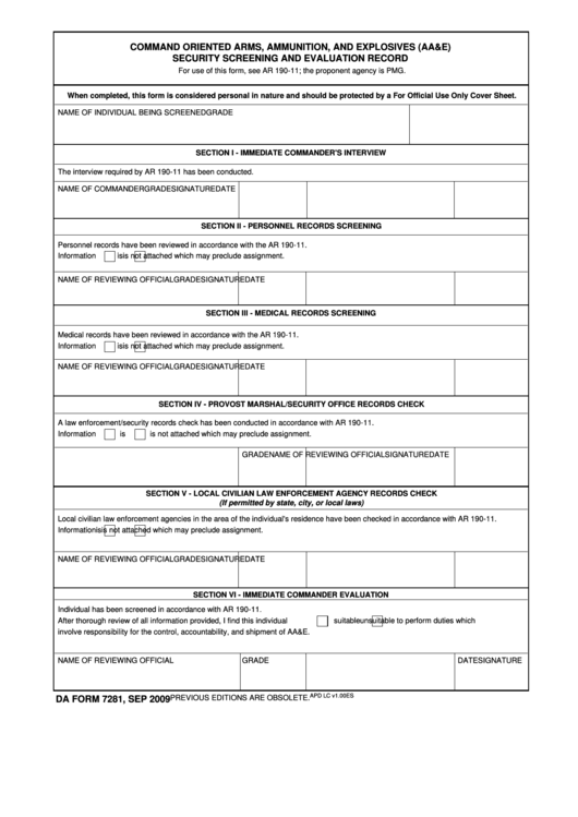 Fillable Da Form 7281 - Command Oriented Arms, Ammunation, And Explosives (Aa&e) Security Screening And Evaluation Record Printable pdf