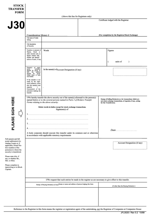 Fillable Stock Transfer Form J30 - Printable pdf