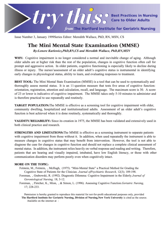 The Mini Mental State Examination (Mmse) - Mount Sinai Hospital Printable pdf