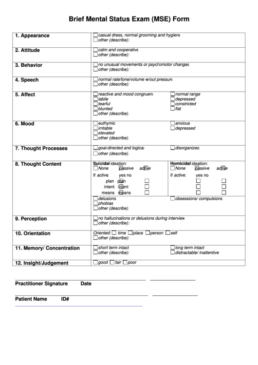 Brief Mental Status Exam (Mse) Form Printable pdf