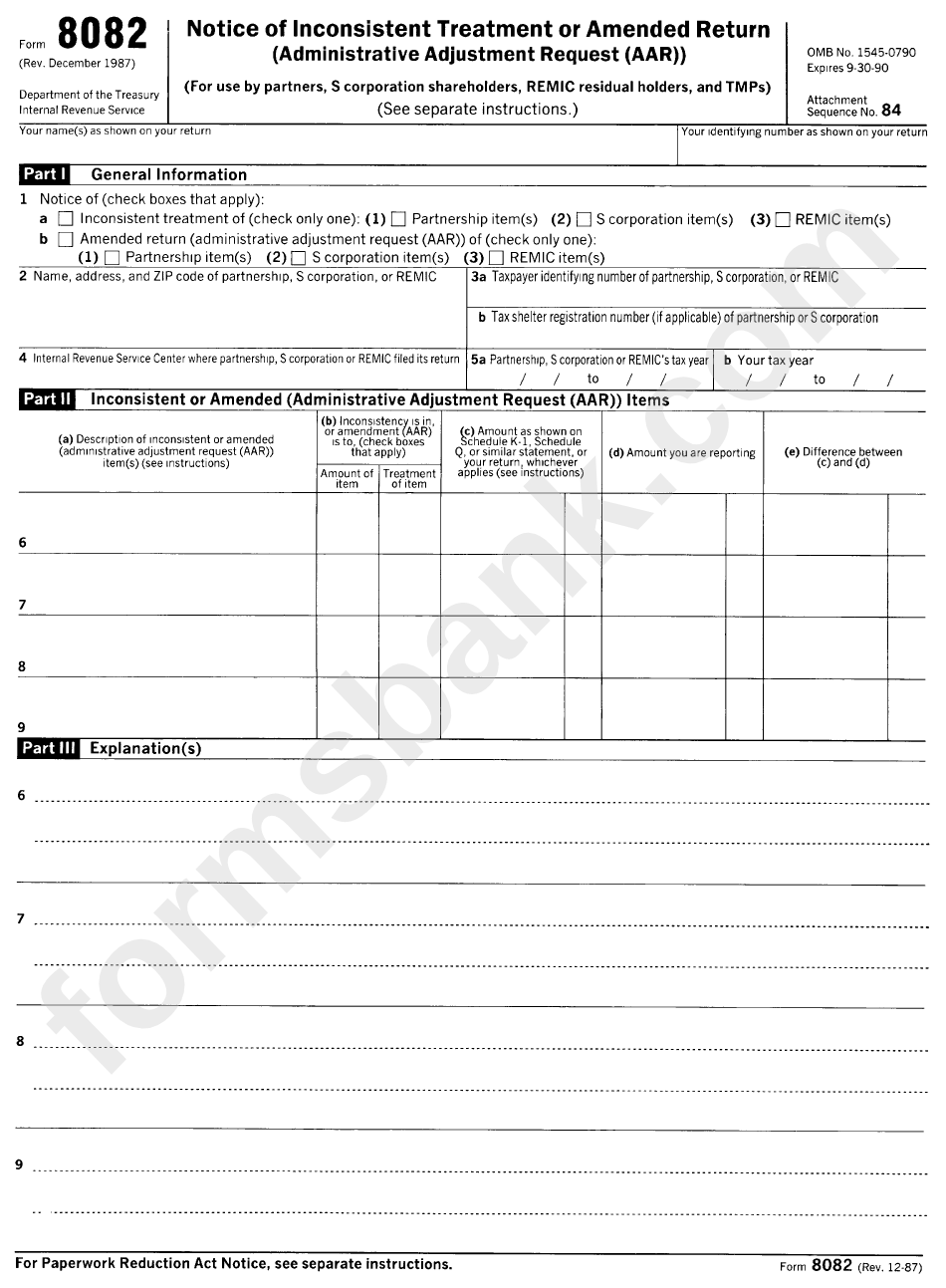 Form 8082 (Rev. 12-1987) - Notice Of Inconsistent Treatment Or Amended Return