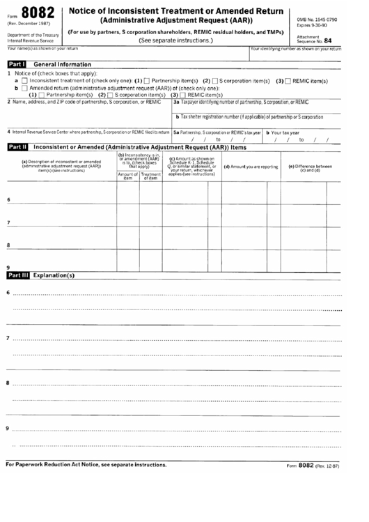 Form 8082 (Rev. 12-1987) - Notice Of Inconsistent Treatment Or Amended Return Printable pdf