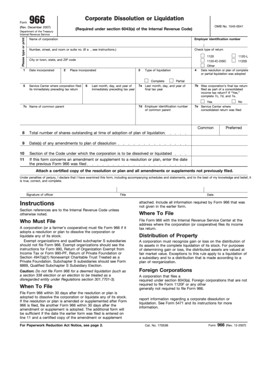 Fillable Form 966 - 2007 Corporate Dissolution Or Liquidation printable ...