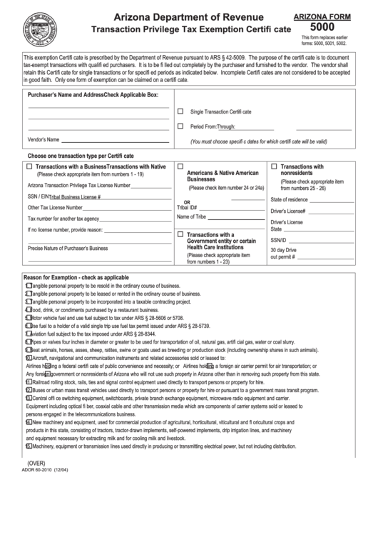 Fillable Form 5000 - Transaction Privilege Tax Exemption Certificate Printable pdf