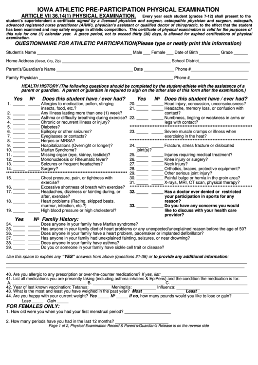 Iowa Athletic Pre-Participation Physical Examination Printable pdf