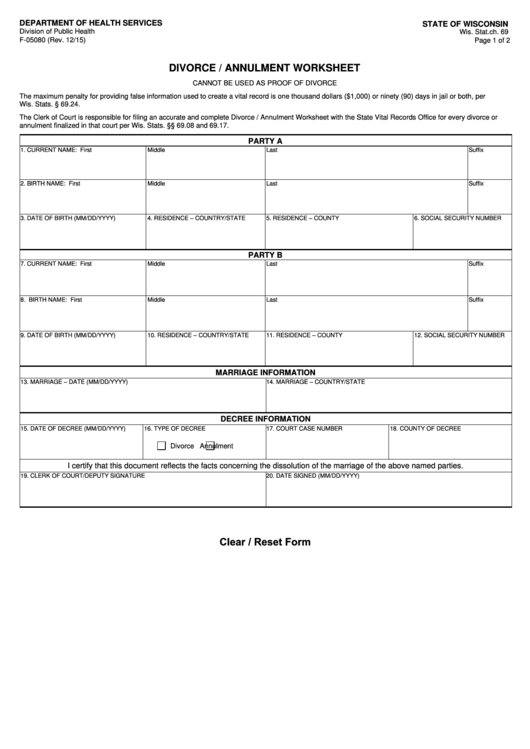 Fillable Divorce / Annulment Worksheet printable pdf download