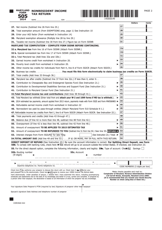 Fillable Maryland Form 505 Nonresident Income Tax Return 2014 