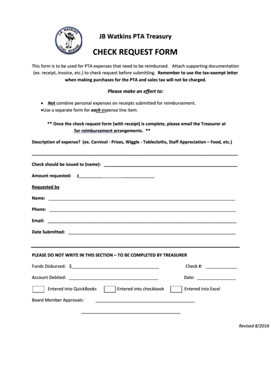 Check Request Form - Jb Watkins Pta Printable pdf
