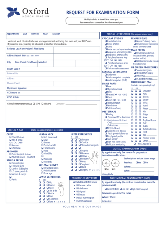 Request For Examination Form - Oxford Medical Imaging Printable pdf