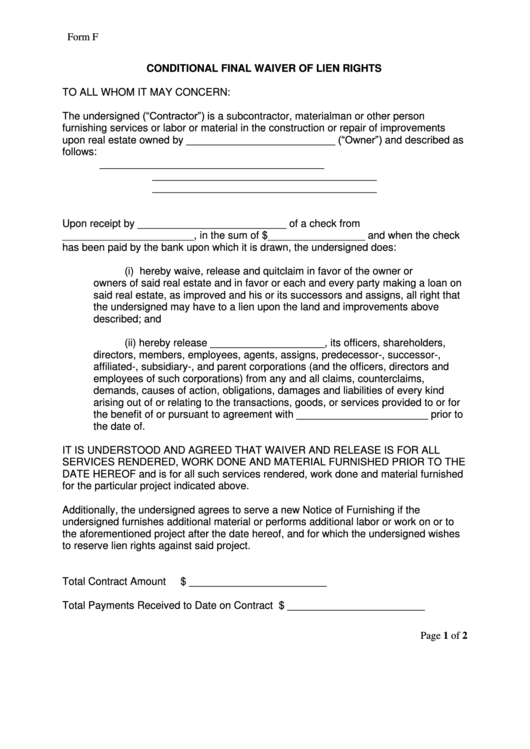 Form F - Conditional Final Waiver Of Lien Rights
