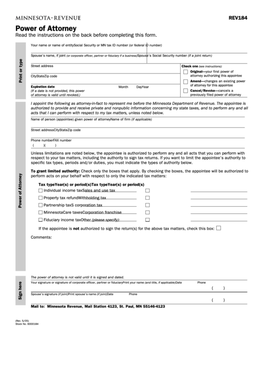Fillable Rev184 - Power Of Attorney ( Minnesota Department Of Revenue) Printable pdf