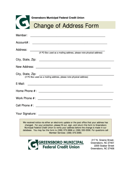 Change Of Address Form - Greensboro Municipal Federal Credit Union Printable pdf