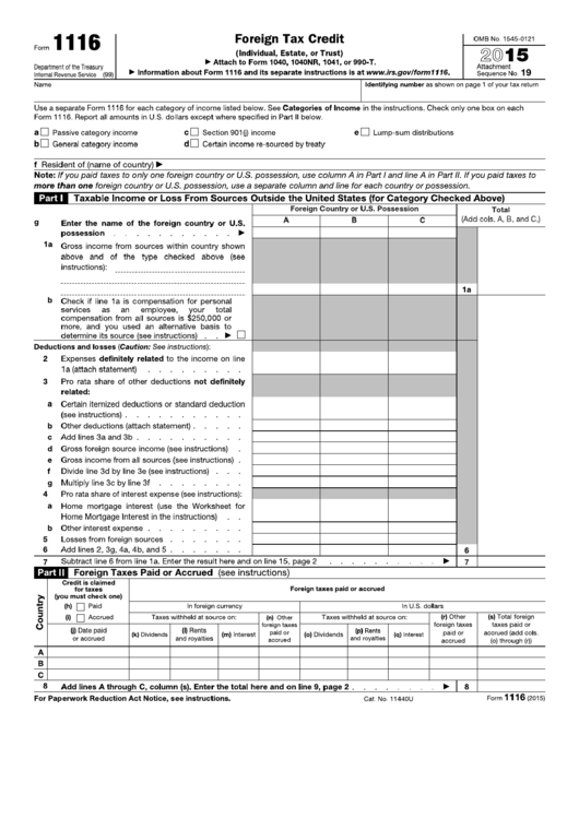 2015 Form 1116 - Foreign Tax Credit Printable pdf