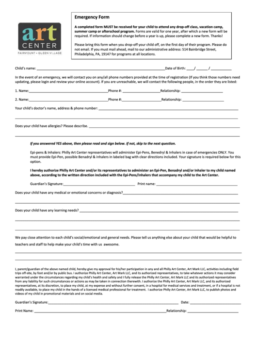 Emergency Form - Philly Inmovement Printable pdf