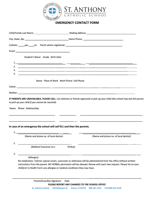 Emergency Contact Form - St. Anthony School Kailua Printable pdf