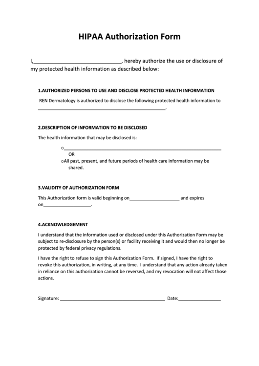 Hipaa Authorization Form - Ren Dermatology Printable pdf