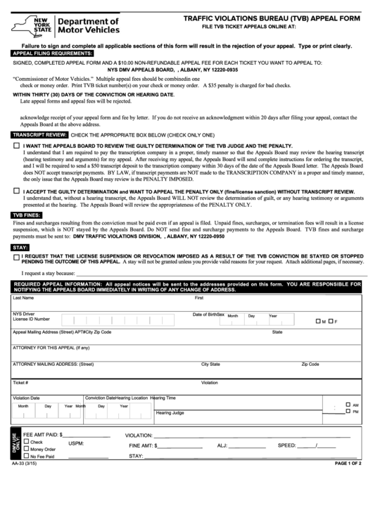 Fillable Form Aa-33 - Traffic Violations Bureau Appeal Form Printable pdf