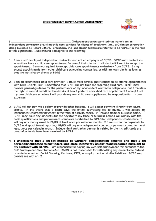 Independent Contractor Agreement - Resort Sitters Printable pdf
