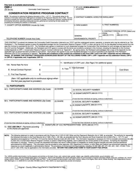 Fillable Conservation Reserve Program Contract - Usda Forms Printable pdf