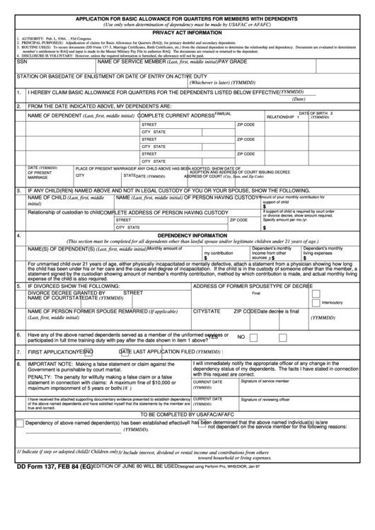 Application For Basic Allowance For Quarters For Members With Dependents Printable pdf