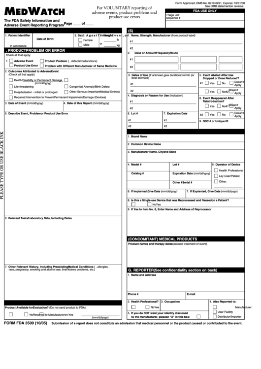 Form Fda 3500 - The Fda Safety Information And Adverse Event Reporting Program Printable pdf