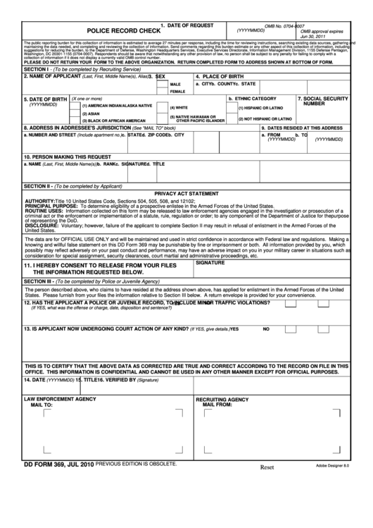 Fillable Police Record Check Dd Form 369, Jul 2010 Reset Printable pdf