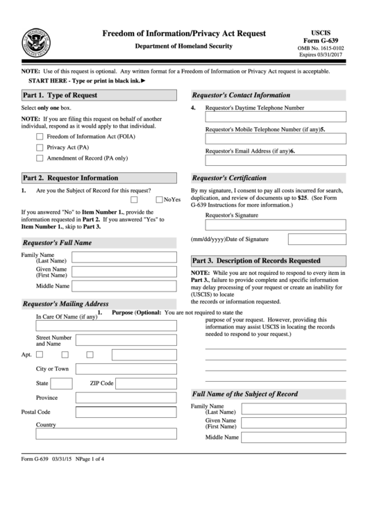 Fillable Uscis Form G-639 - Freedom Of Information/privacy Act Request Printable pdf