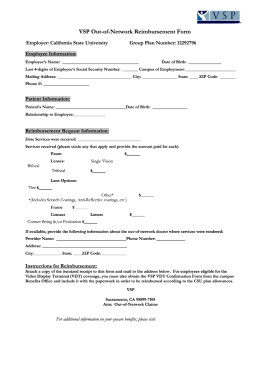 Vsp Out-Of-Network Reimbursement Form Printable pdf
