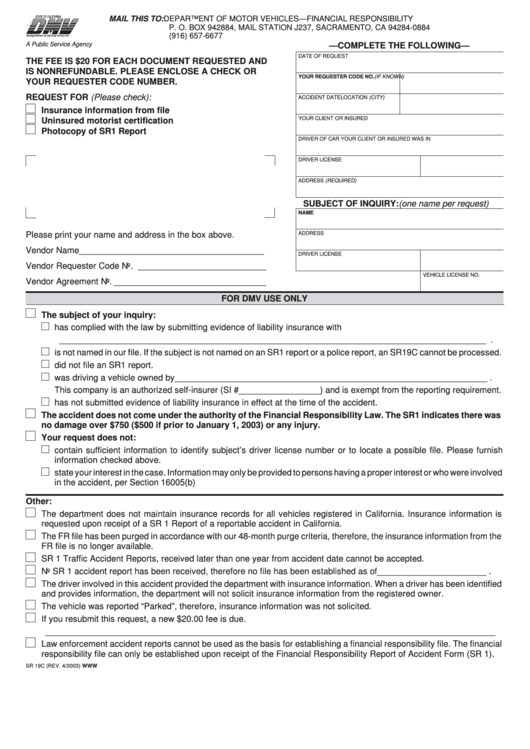 Fillable Form Sr 19c - Financial Responsibility Document Request Printable pdf