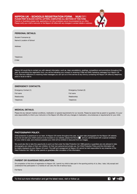 Nippon Uk - Schools Registration Form. Nuk/sr1 Printable pdf