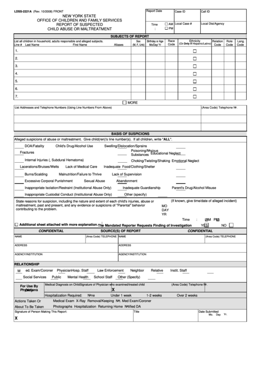 Dss-2221a Report Of Suspected Child Abuse Or Maltreatment Form Printable pdf