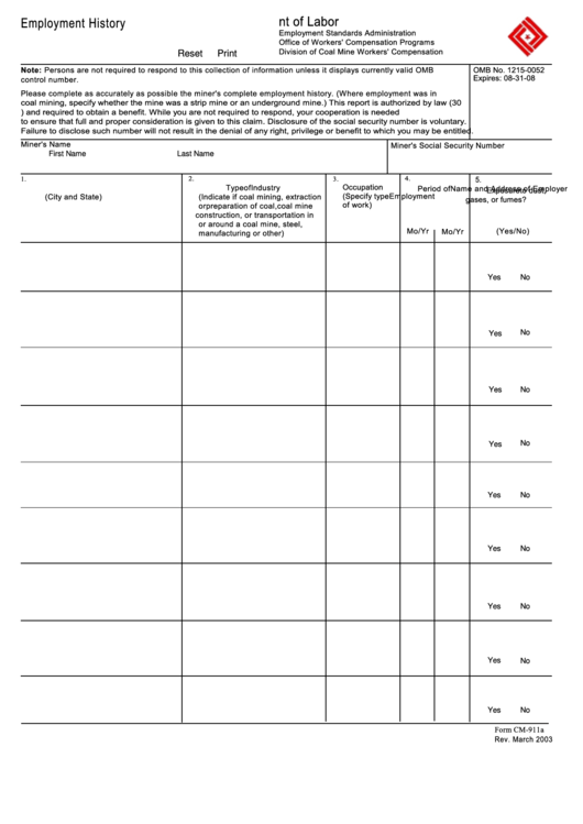 Fillable Cm-911a - United States Department Of Labor Printable pdf