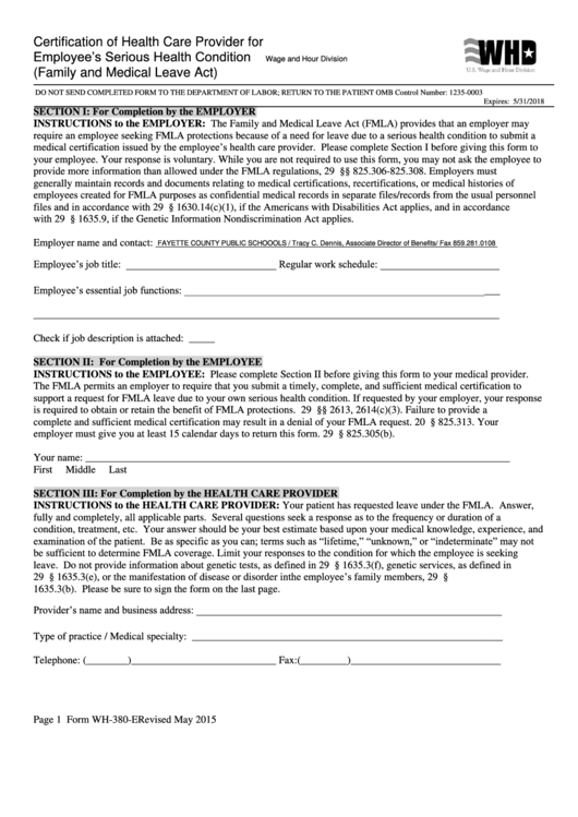 Form Wh 380 e Certification Of Health Care Provider For Employee s