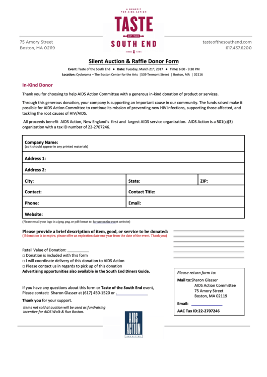 Silent Auction And Raffle Donor Form - Taste Of The South End Printable pdf