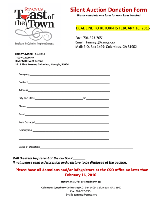Fillable Silent Auction Donation Form Printable pdf