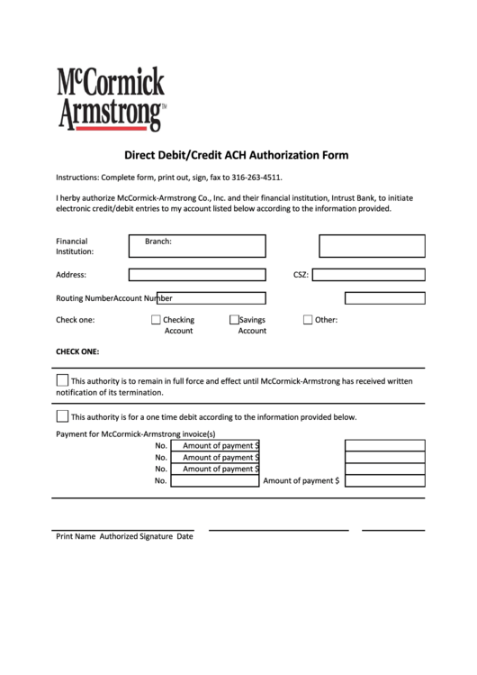 Fillable Direct Debit/credit Ach Authorization Form - Mccormick Armstrong Printable pdf