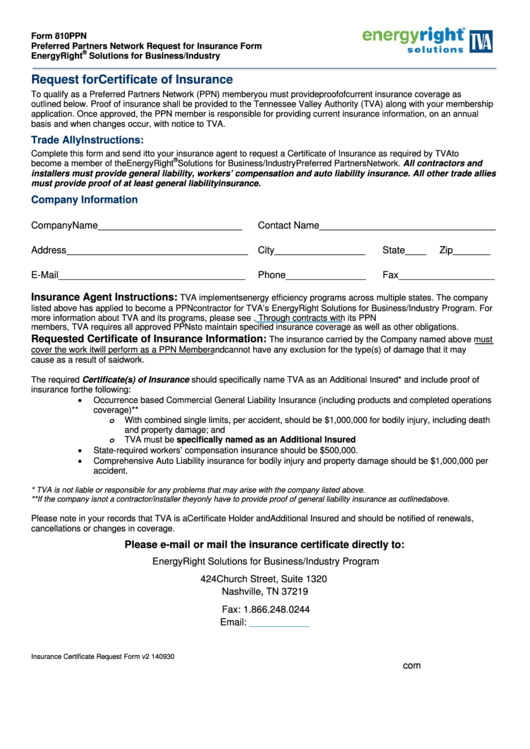Fillable Form 810ppn - Preferred Partners Network Request For Insurance Form Printable pdf