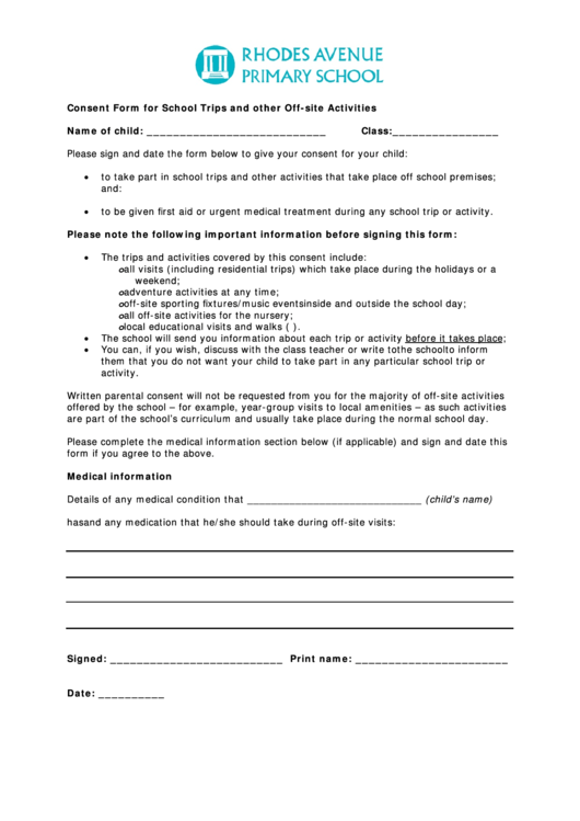 School Trip Permission Letter - Rhodes Avenue Primary School Printable pdf