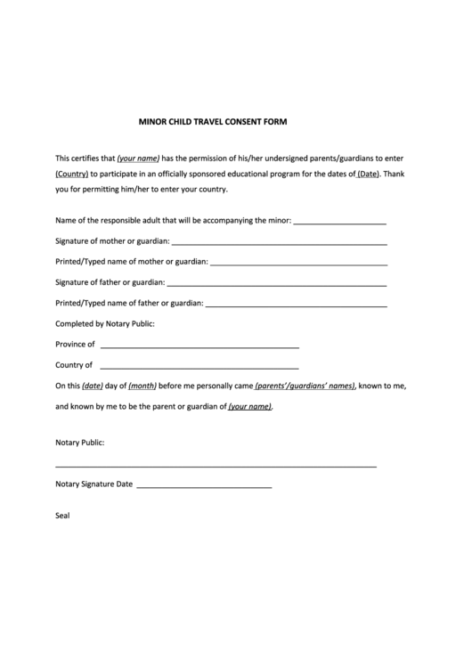 Minor Child Travel Consent Form Printable pdf