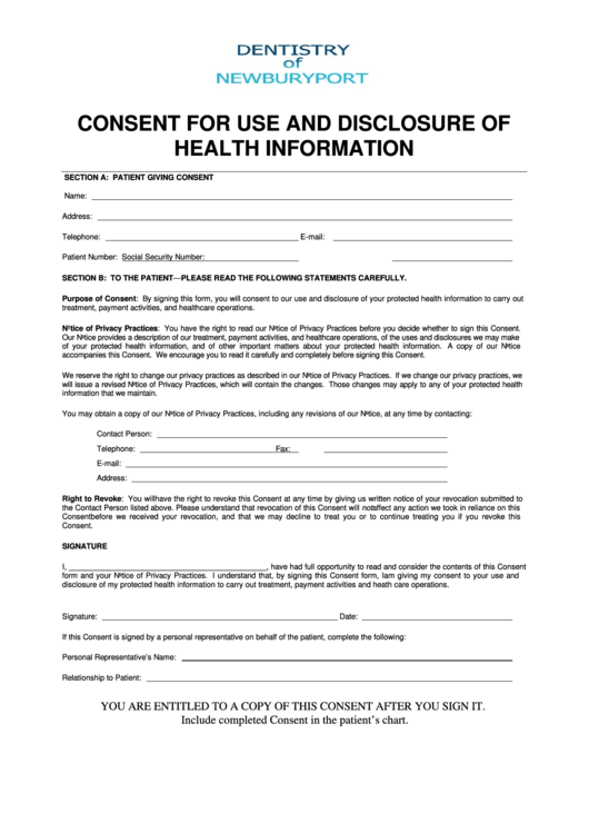 Form Consent For Use And Disclosure Of Health Information Printable pdf
