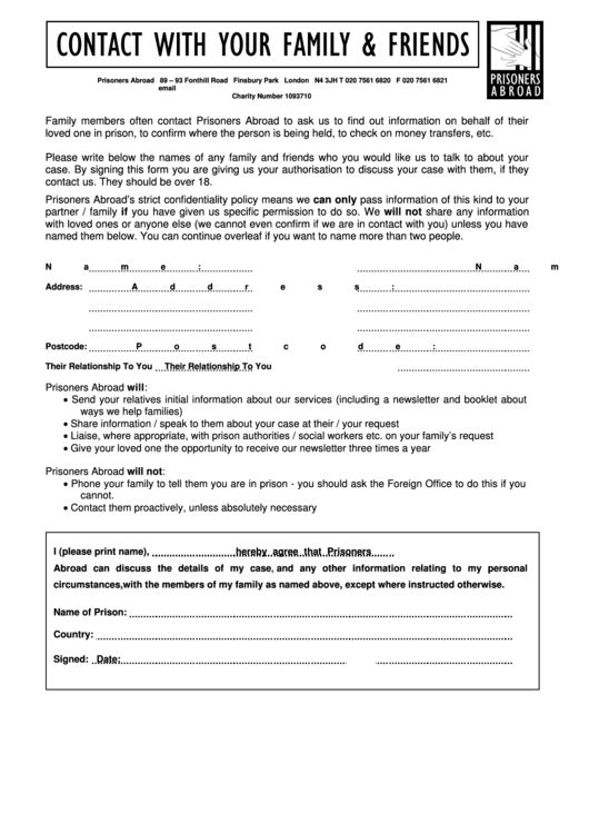 Contact With Family & Friends Form - Prisoners Abroad Printable pdf