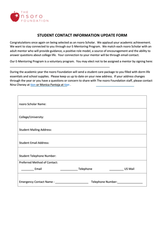 Student Contact Information Update Form - Nsoro Foundation Printable pdf