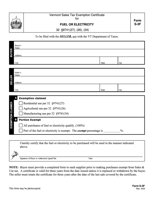 Tax Exemption Form S-3f - Green Mountain Power Printable pdf