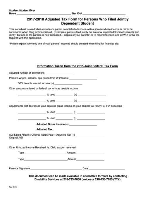 Adjusted Tax Form For Persons Who Filed Jointly - 2017-2018 Printable pdf