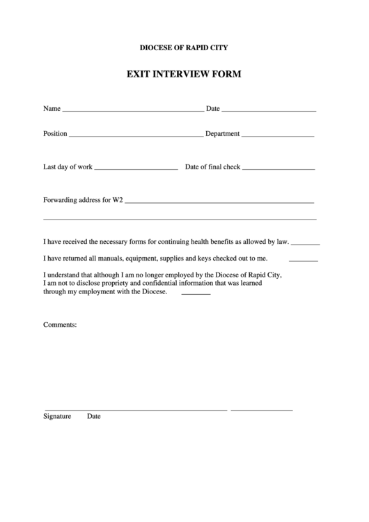 Exit Interview Form - Diocese Of Rapid City Printable pdf
