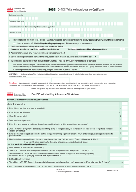 Form D-4 Dc - Withholding Allowance Certificate - 2016 Printable pdf
