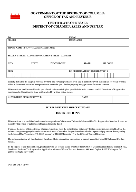 Certificate Of Resale District Of Columbia Sales And Use Tax Form Printable pdf