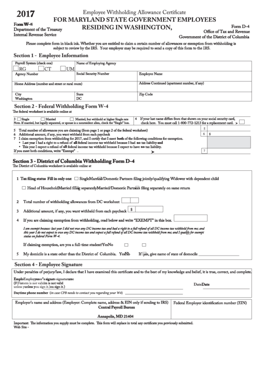 Fillable Form W-4 - Employee Withholding Allowance Certificate, Maryland State - 2017 Printable pdf