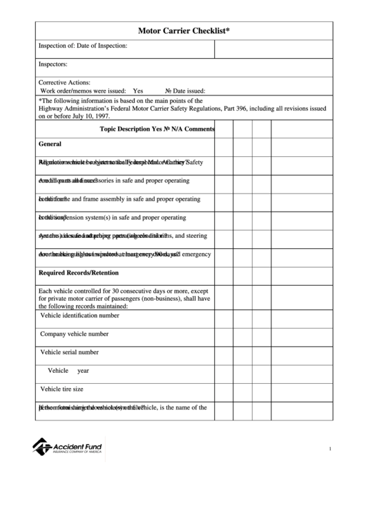 Motor Carrier Pre-Trip Inspection Checklist Template Printable pdf