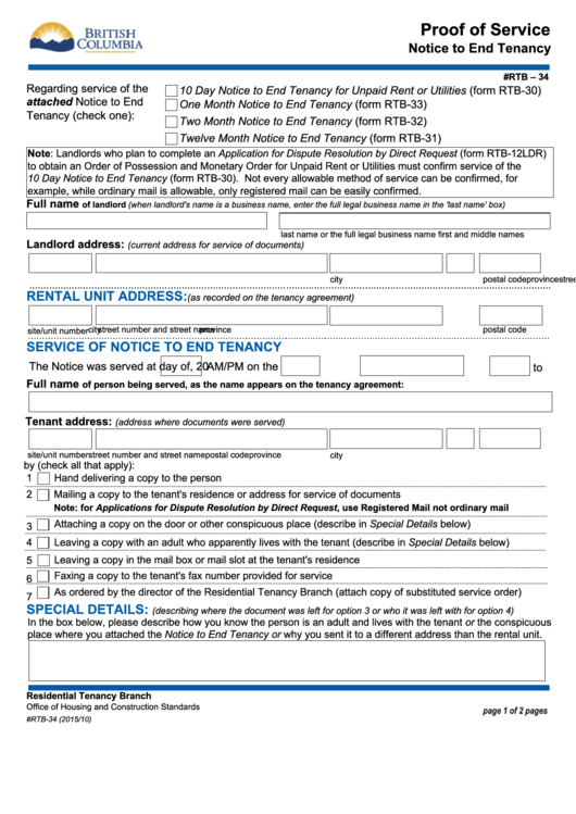 Proof Of Service - Notice To End Tenancy Form